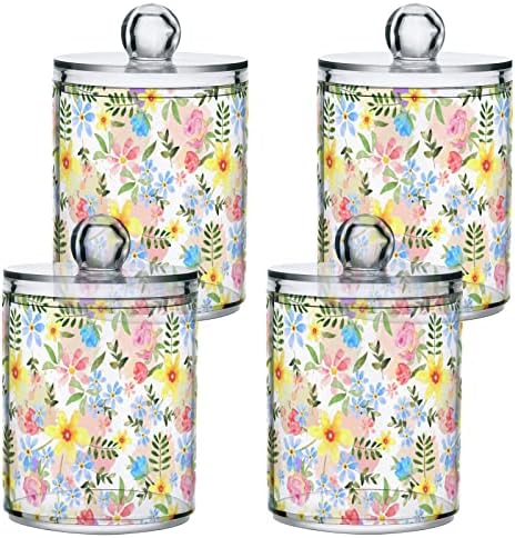 Alaza 2 Pack Qtip držač za dozator Vintage Blue Daisy ružičaste ruže i žuti cvjetovi Organizator kupaonice kanister za pamučne kuglice/brise/jastučiće/flos,