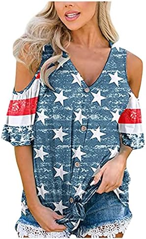 lcepcy američka zastava Hladna košulja za rame žene 4. srpnja Patriotska košulja zvijezde Stripes V gumb za vrat dolje na vrhu bluze