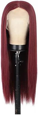 čipkasta perika u vinsko crvenoj boji s dugom ravnom kosom i razdjeljkom za žene
