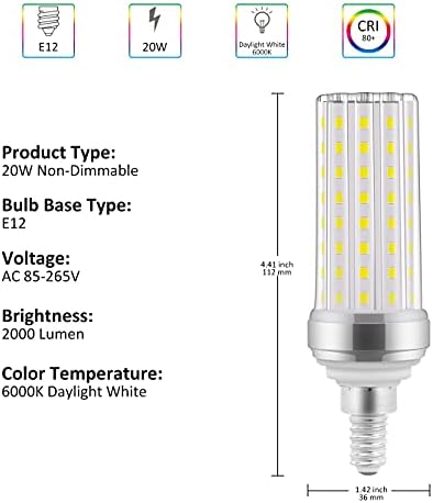 LED žarulje od 12, 20 vata LED žarulje za kandelabre, ekvivalent od 150 vata, Dnevna bijela 6000K, žarulje za stropni ventilator, 2000lm,