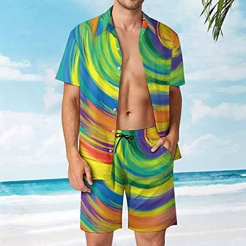 Sažetak Šareni vrtložni muškarci 2 komada Havajski set majice s kratkim rukavima s gumbom dolje na plažljivim hlačama labave stane
