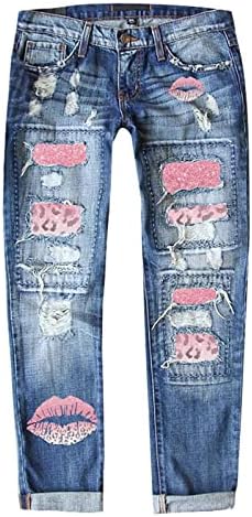 Ženski tiskani flaster visoki struk rastrgan u nevolji Straight Fit traper Skinny Jeans Srce
