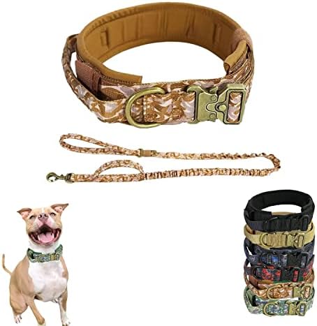 Taktički ogrlica za pse - vojni podesivi najlonski ovratnik za pse i povodac postavljen teškim metalnim kopčama kamuflaža moda izdržljiva