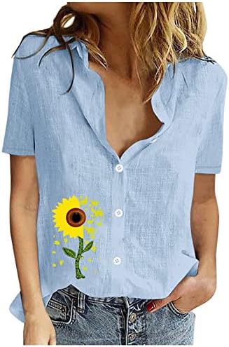 Ženske košulje od pamučnih posteljina 2023 Ljetni suncokretovi tiskani vrhovi kratkih rukava ležerni labavi gumb dolje majice bluze