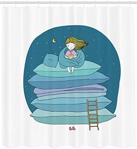 Crtana zavjesa za tuširanje, djevojka koja sjedi na hrpi jastuka i pije mlijeko prije spavanja, set za uređenje kupaonice od tkanine