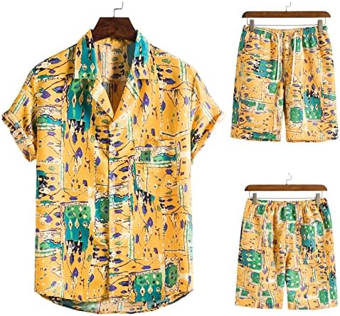 Muškarci casual skretanje gumba Cardigan Hawaii Style tiskanje bluze s kratkim rukavima i kratkim hlačama setovi