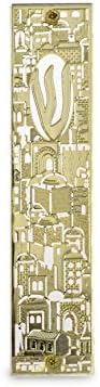 Izraelski centar Judaica Perspex Mezuzah s drevnim Jeruzalemskom gradskim krajolikom i potkoljenicama u mesingu s zlatnim pločama