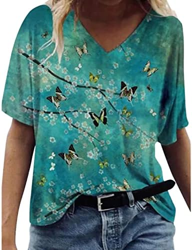 Leptir slikati tiskane bluze za juniorke jeseni ljetni kratki rukav vneck casual vrhovi majice tinejdžerke que que