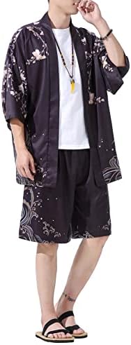 Prijouhe muški japanski stil kimono vrhovi hlače sets lagane casual sedam rukava otvoreni prednji kardigan i kratke hlače