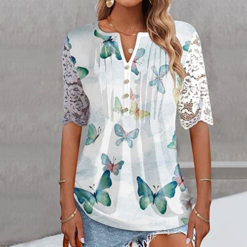 Ženski čipkasti vrhovi kratkih rukava gumb V vrat majica Drva casual cvjetni cvjetni print bluze 2023 Ljetna tunika izlazeći vrh