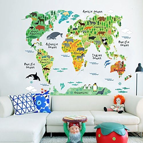 Zidna naljepnica s mapom životinjskog svijeta, & pojačalo; Zidne naljepnice vodootporne uklonjive za dječju sobu i dječju radnu sobu