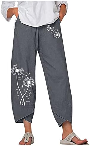 Ženske pamučne lanene hlače, plaža lagana široka noga Palazzo joga Capris maslačak cvjetni tiskani hlača