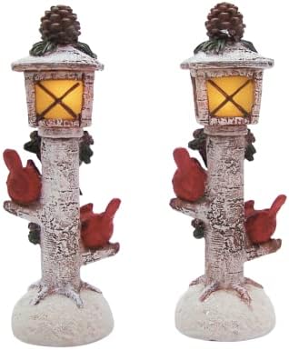 Osvijetljena svjetiljka Post figurica s kardinalima i pineconesima, set od 2, samostojeći sezonski dekor, zimski ukras, 9,75 inča