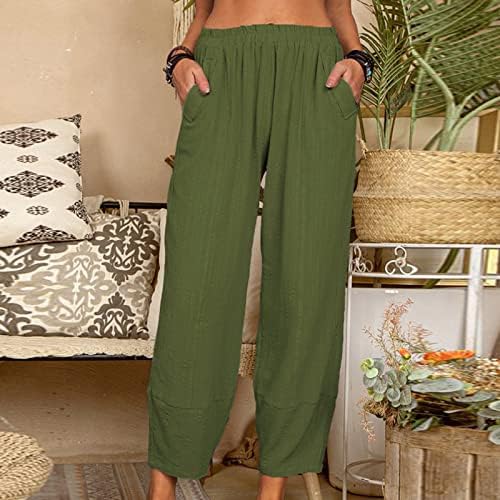 Firero ženske ljetne hlače povremene solidne boje elastični struk Slub pamuk ravne široke hlače s džepom