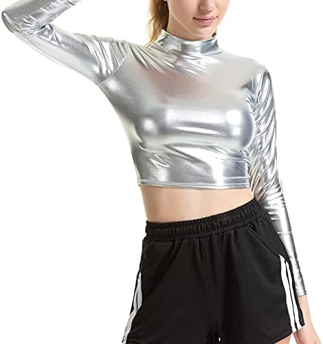 Xunzoo Žene Sjajne metalne usjev dugih rukava gornja kornjača Sjajna košulja bluza za Ravs Club Dance 2 srebrni medij