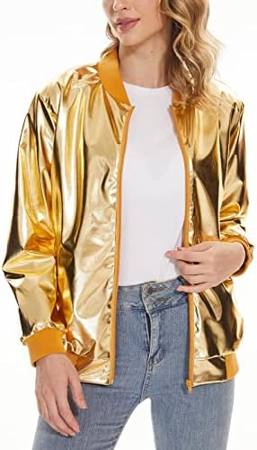DHSPKN Women Metallic Jackets 70s Disco božićna zabava Bomber jakna Halloween kaputa Sweatsuit Club Wear