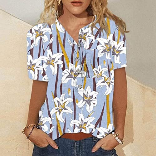 Seksi vrhovi za žene Ljetni cvjetni uzorak bluza casual s V-izrezom Udobne majice s kratkim rukavima s džepom