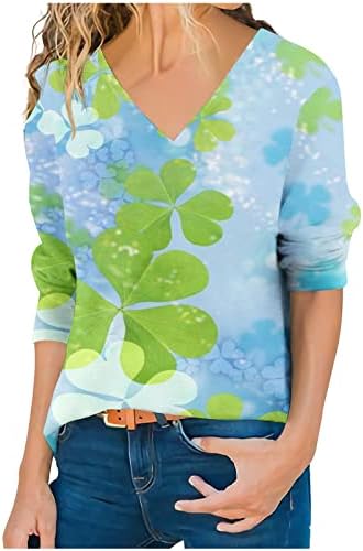 Dan žena svetog Patrika 3/4 majice s dugim rukavima seksi V-izrez pulover vrhovi modni irski djetelina tiskane tunične bluze vrh