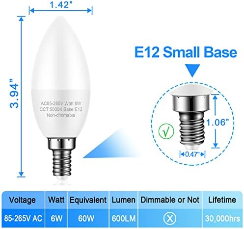 8 žarulja za stropni ventilator 912, ekvivalent 60 vata, Dnevna bijela 5000K, LED lampa za kandelabre s malom bazom za luster, LED
