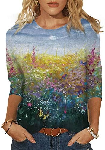 3/4 majice za rukave za žene Ljetni casual print vrhovi okrugli vrat labavi pulover udobno mekane bluze