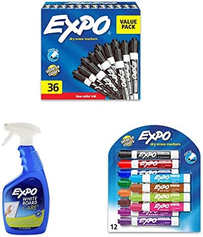 Expo niski miris Oznake suhog brisanja, vrh dlijeto, crni, 36 grof & expo suho brisanje spreja za čišćenje bijele ploče, 22 oz i expo