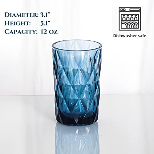 Set čaša za piće od 6 modernih staklenih čaša s dijamantnim uzorkom (12 unci) za vodu, koktele, mlijeko, sokove i pića