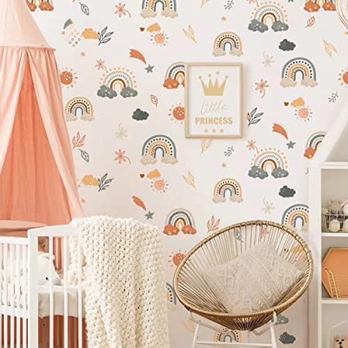 Prikaz šarenih duginih zidnih naljepnica za dječju sobu, boho Dugin oblak s biljnim lišćem, cvjetne vinilne Zidne naljepnice za dječju