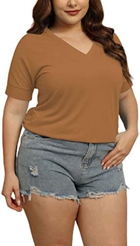 Ženski ljetni čvrsti vrhovi plus size v vrat majice kratkih rukava labave ležerne majice za žene plus vrhovi i